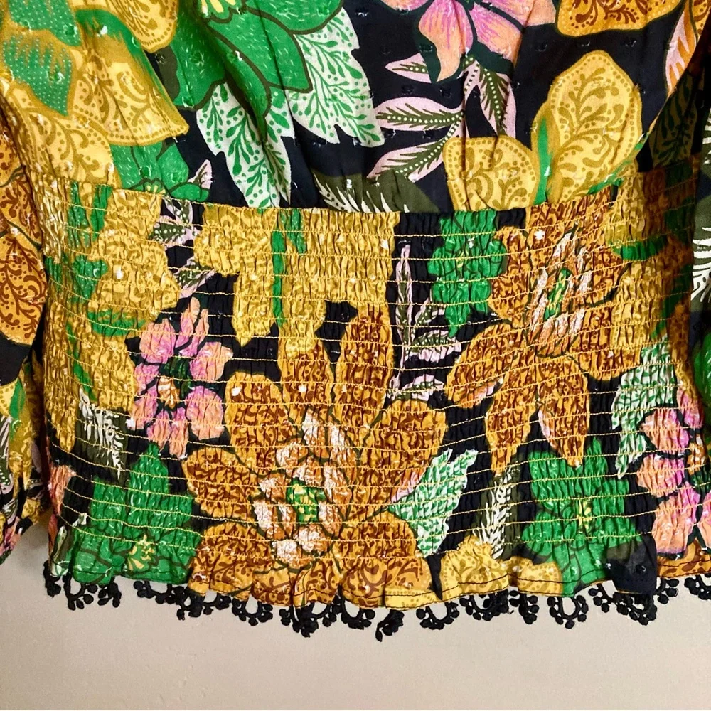 NEW Farm Rio Black Garden Puff Sleeve Blouse Tropical Floral Lace Inset Size S